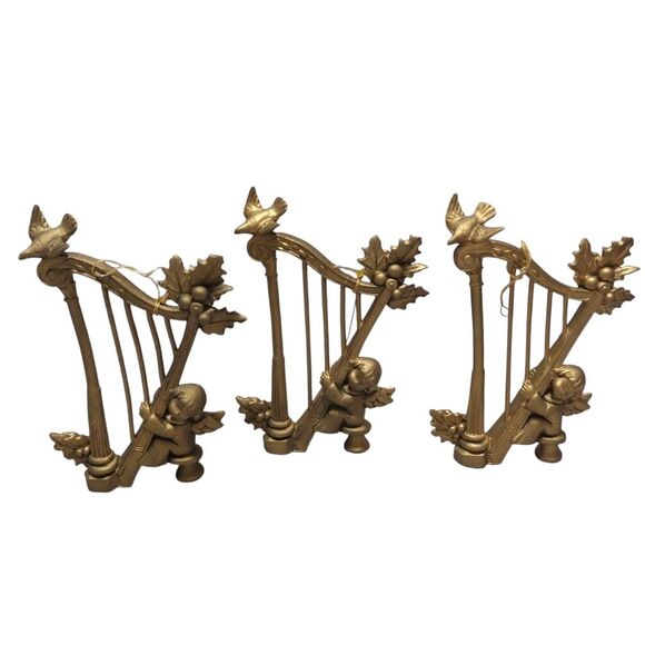 Vintage Angel Cherub Playing Harp Gold Plastic Christmas Ornaments ITALY 3x Lot - Picture 5 of 9